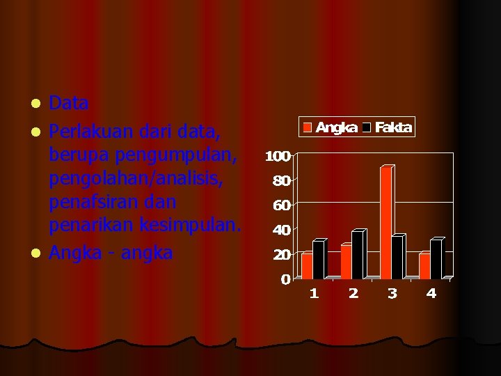 Data l Perlakuan dari data, berupa pengumpulan, pengolahan/analisis, penafsiran dan penarikan kesimpulan. l Angka