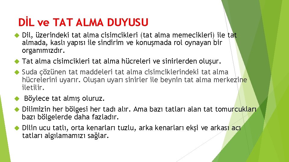 DİL ve TAT ALMA DUYUSU Dil, üzerindeki tat alma cisimcikleri (tat alma memecikleri) ile