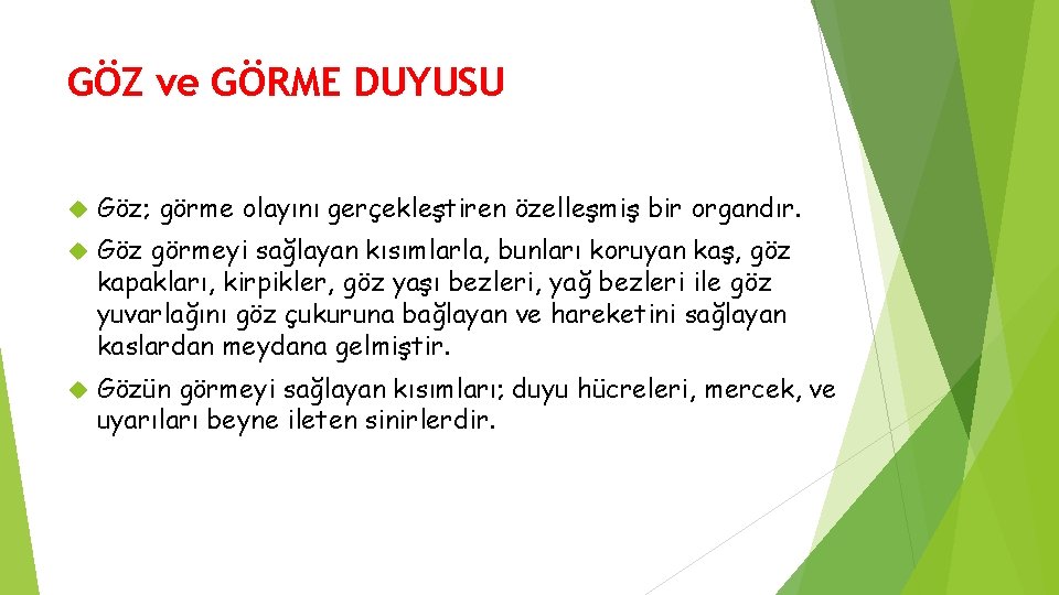 GÖZ ve GÖRME DUYUSU Göz; görme olayını gerçekleştiren özelleşmiş bir organdır. Göz görmeyi sağlayan