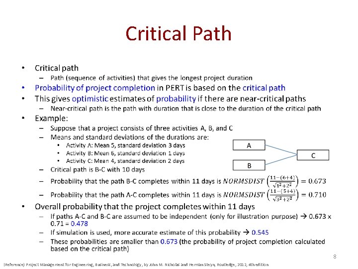 Critical Path • 8 (Reference) Project Management for Engineering, Business, and Technology, by John