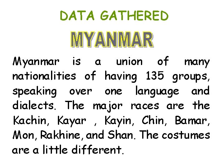 DATA GATHERED Myanmar is a union of many nationalities of having 135 groups, speaking DATA GATHERED Myanmar is a union of many nationalities of having 135 groups, speaking