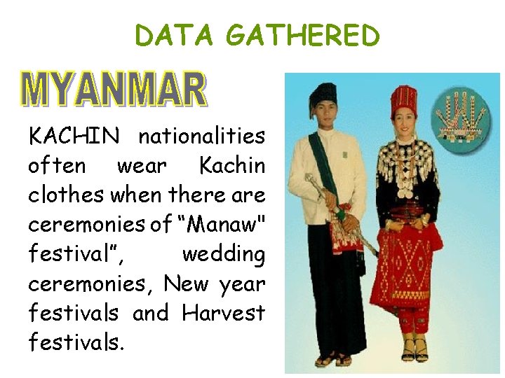 DATA GATHERED KACHIN nationalities often wear Kachin clothes when there are ceremonies of “Manaw" DATA GATHERED KACHIN nationalities often wear Kachin clothes when there are ceremonies of “Manaw"