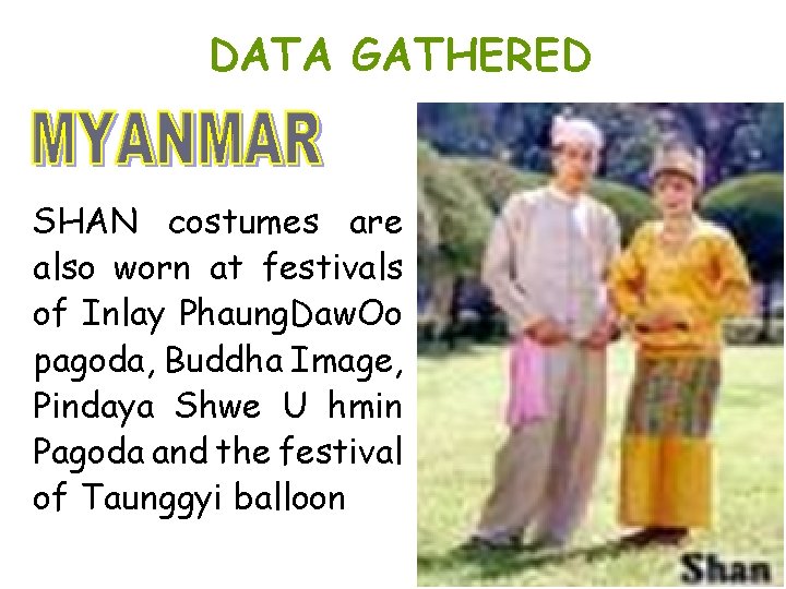 DATA GATHERED SHAN costumes are also worn at festivals of Inlay Phaung. Daw. Oo DATA GATHERED SHAN costumes are also worn at festivals of Inlay Phaung. Daw. Oo