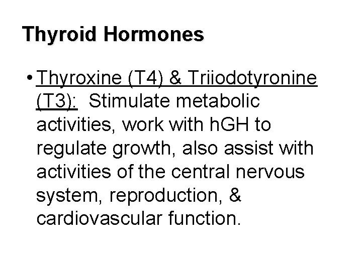 Thyroid Hormones • Thyroxine (T 4) & Triiodotyronine (T 3): Stimulate metabolic activities, work
