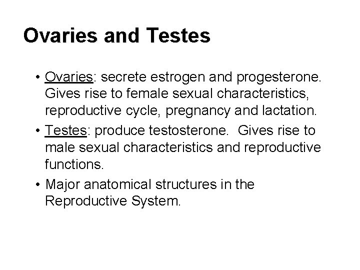 Ovaries and Testes • Ovaries: secrete estrogen and progesterone. Gives rise to female sexual