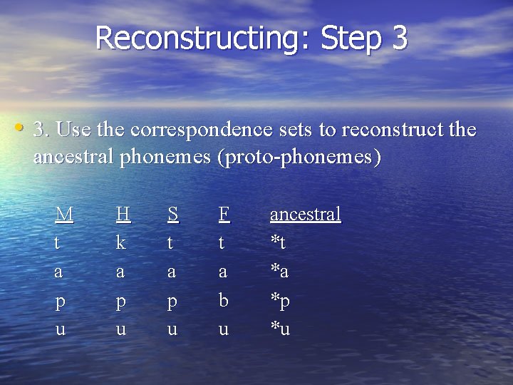 Reconstructing: Step 3 • 3. Use the correspondence sets to reconstruct the ancestral phonemes