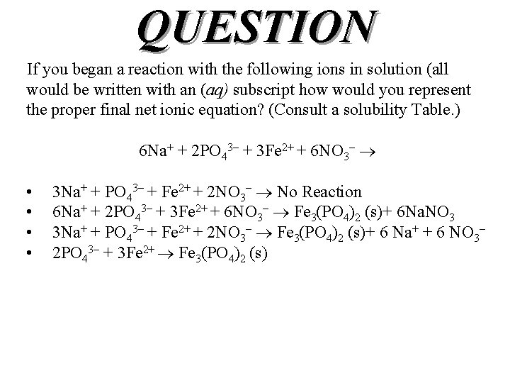 QUESTION If you began a reaction with the following ions in solution (all would
