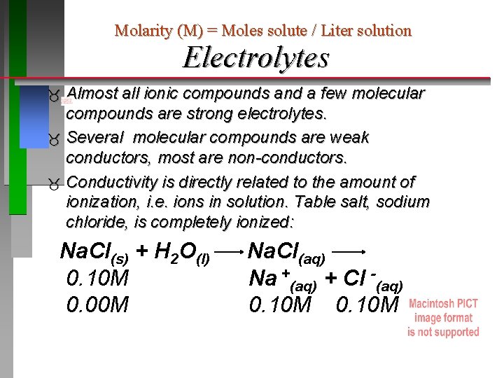 Molarity (M) = Moles solute / Liter solution Electrolytes Almost all ionic compounds and