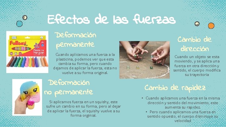 Efectos de las fuerzas Deformación permanente Cuando aplicamos una fuerza a la plasticina, podemos