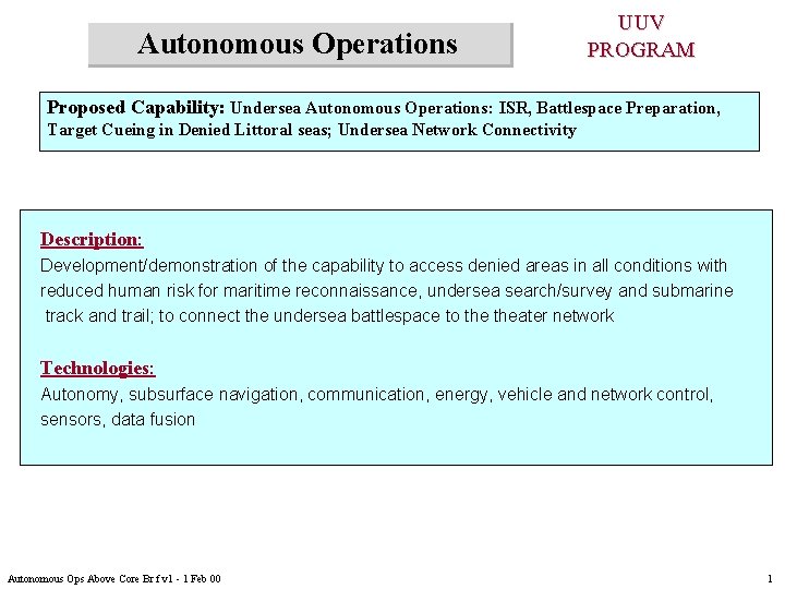 Autonomous Operations UUV PROGRAM Proposed Capability: Undersea Autonomous Operations: ISR, Battlespace Preparation, Target Cueing