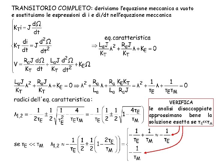 TRANSITORIO COMPLETO: deriviamo l’equazione meccanica a vuoto e sostituiamo le espressioni di i e