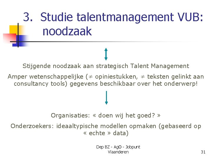3. Studie talentmanagement VUB: noodzaak Stijgende noodzaak aan strategisch Talent Management Amper wetenschappelijke (≠