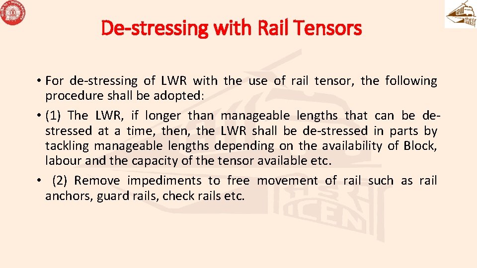 De-stressing with Rail Tensors • For de-stressing of LWR with the use of rail De-stressing with Rail Tensors • For de-stressing of LWR with the use of rail