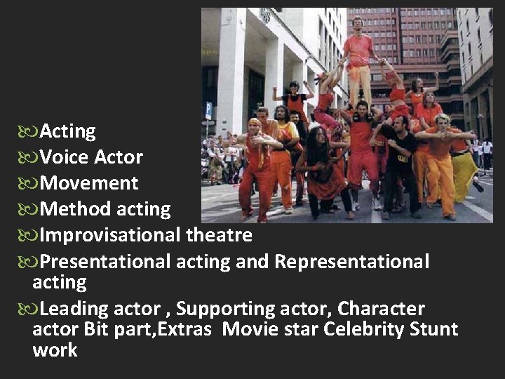  Acting Voice Actor Movement Method acting Improvisational theatre Presentational acting and Representational acting