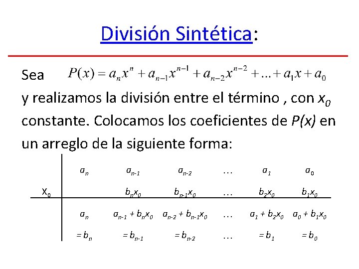 División Sintética: Sea y realizamos la división entre el término , con x 0