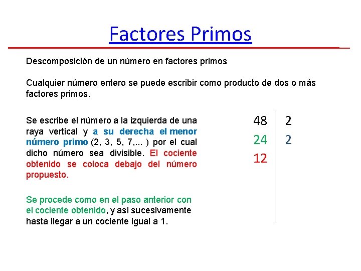 Factores Primos Descomposición de un número en factores primos Cualquier número entero se puede