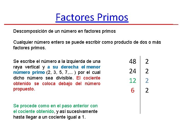 Factores Primos Descomposición de un número en factores primos Cualquier número entero se puede
