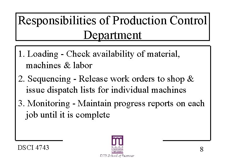 Responsibilities of Production Control Department 1. Loading - Check availability of material, machines &