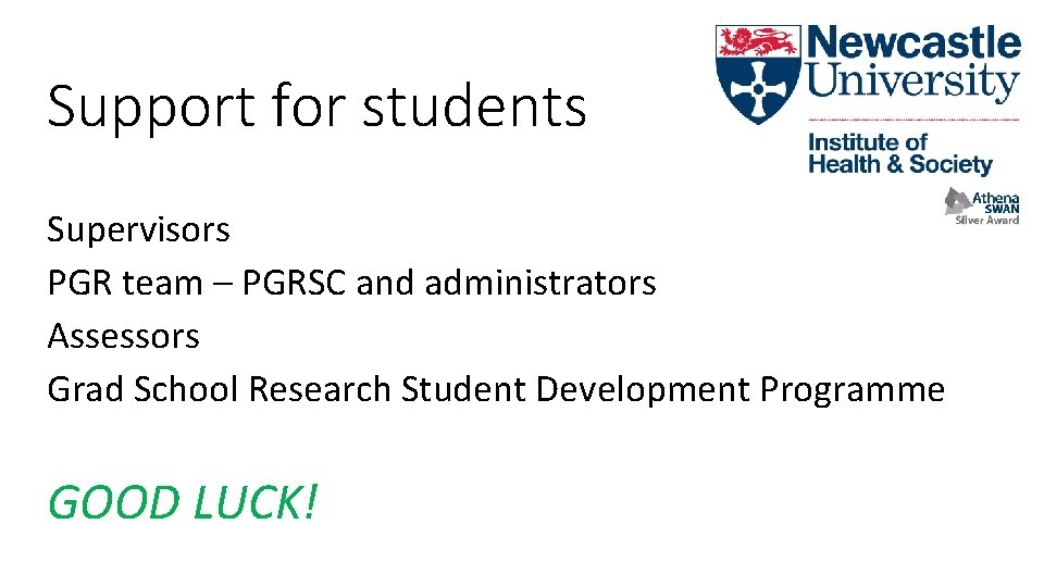 Support for students Supervisors PGR team – PGRSC and administrators Assessors Grad School Research