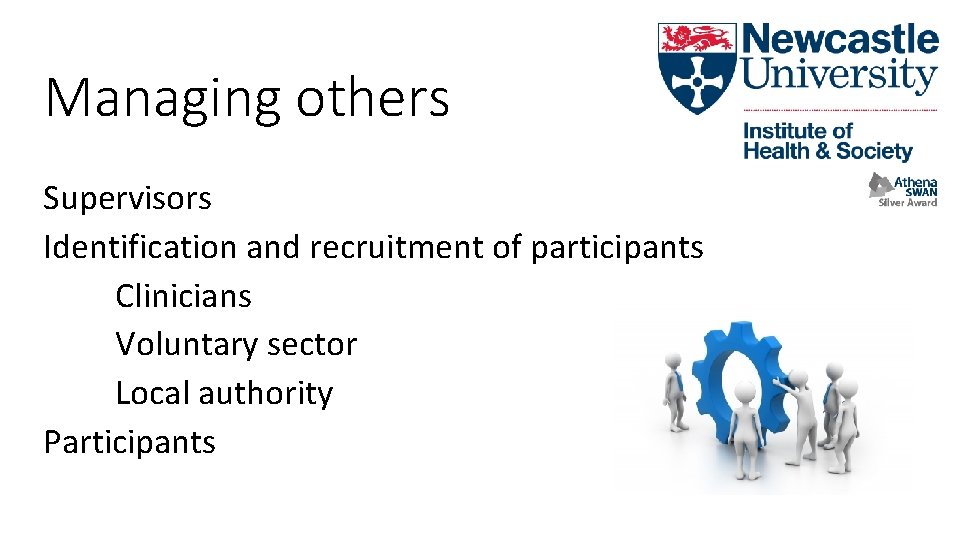 Managing others Supervisors Identification and recruitment of participants Clinicians Voluntary sector Local authority Participants