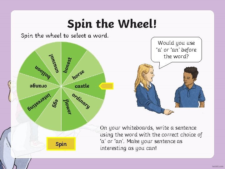 Spin the Wheel! Spin the wheel to select a word. Would you use ‘a’