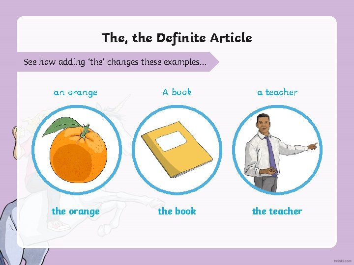 The, the Definite Article See how adding ‘the’ changes these examples… an orange A