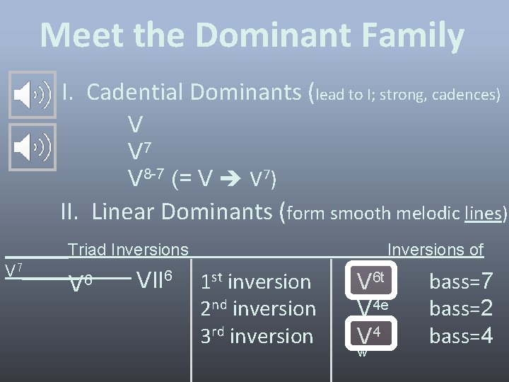 Meet the Dominant Family I. Cadential Dominants (lead to I; strong, cadences) V V