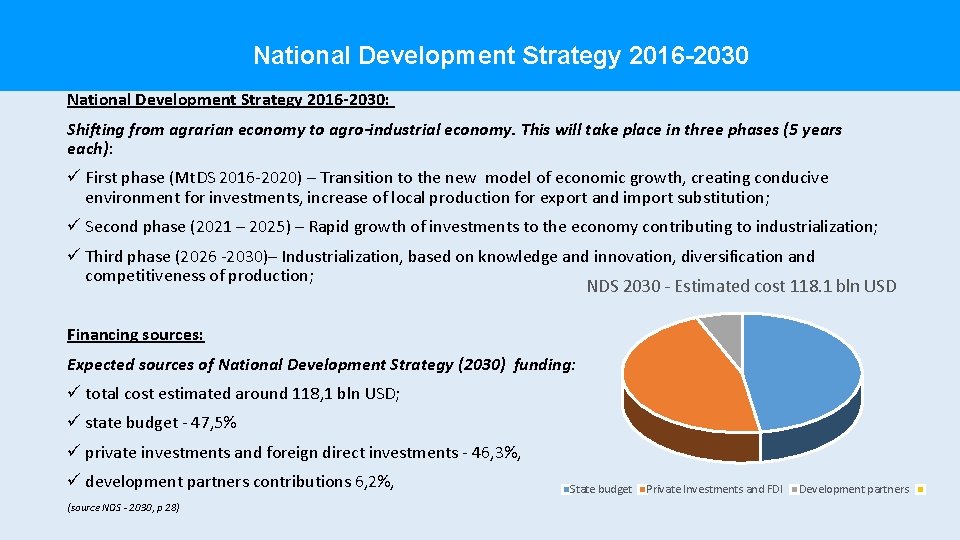 National Development Strategy 2016 -2030: Shifting from agrarian economy to agro-industrial economy. This will