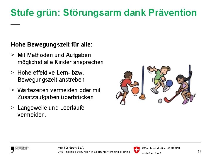 Stufe grün: Störungsarm dank Prävention — Hohe Bewegungszeit für alle: > Mit Methoden und