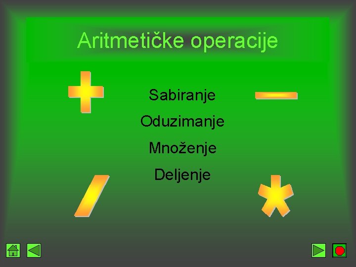 Aritmetičke operacije Sabiranje Oduzimanje Množenje Deljenje 