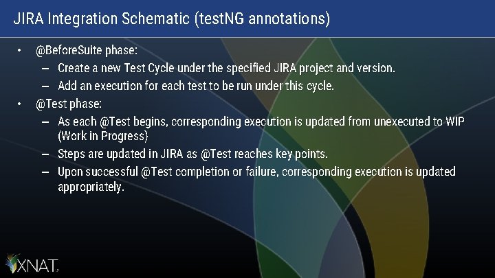JIRA Integration Schematic (test. NG annotations) • • @Before. Suite phase: – Create a JIRA Integration Schematic (test. NG annotations) • • @Before. Suite phase: – Create a
