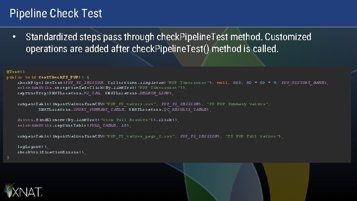 Pipeline Check Test • Standardized steps pass through check. Pipeline. Test method. Customized operations Pipeline Check Test • Standardized steps pass through check. Pipeline. Test method. Customized operations