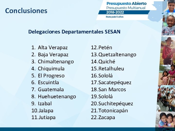 Conclusiones Delegaciones Departamentales SESAN 1. Alta Verapaz 2. Baja Verapaz 3. Chimaltenango 4. Chiquimula