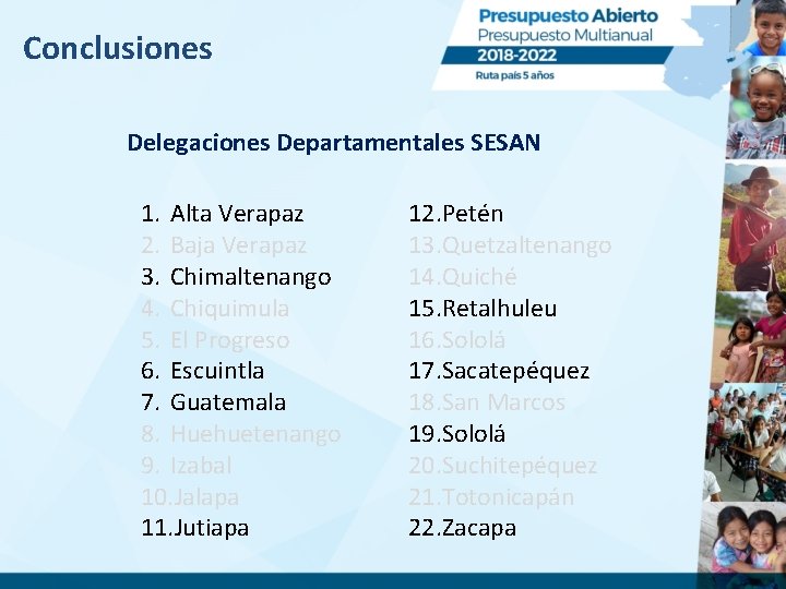 Conclusiones Delegaciones Departamentales SESAN 1. Alta Verapaz 2. Baja Verapaz 3. Chimaltenango 4. Chiquimula