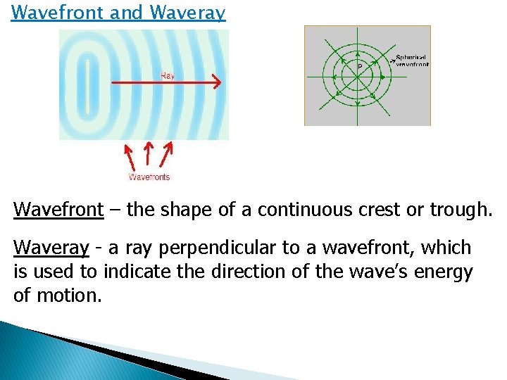 Wavefront and Waveray Wavefront – the shape of a continuous crest or trough. Waveray