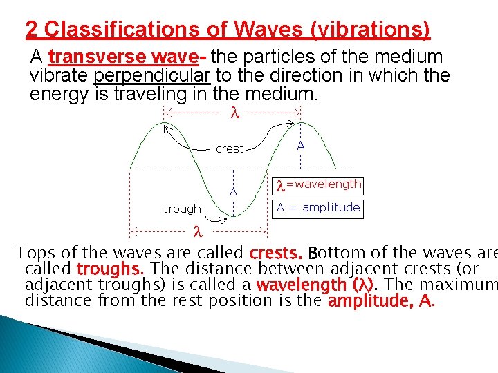 2 Classifications of Waves (vibrations) A transverse wave- the particles of the medium vibrate