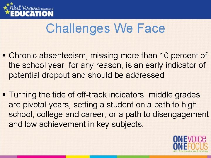 Challenges We Face § Chronic absenteeism, missing more than 10 percent of the school