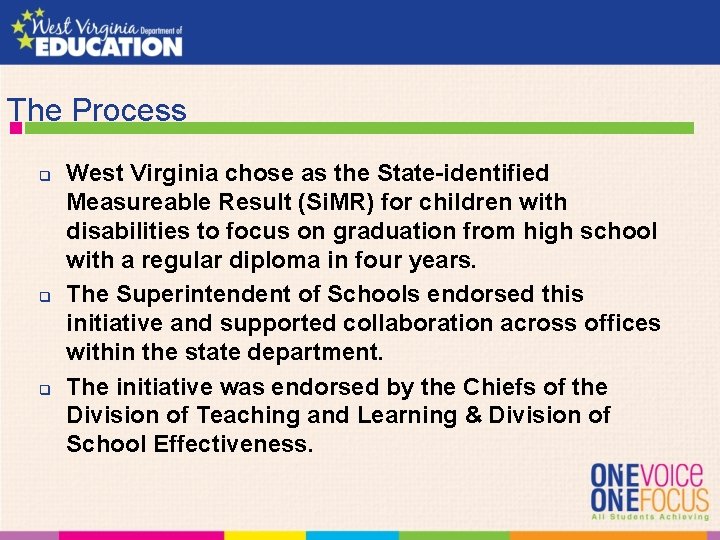 The Process q q q West Virginia chose as the State-identified Measureable Result (Si.