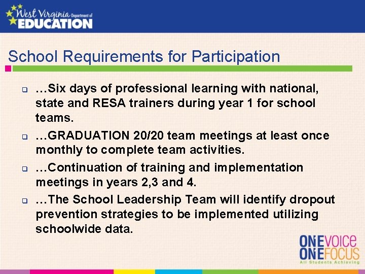  School Requirements for Participation q q …Six days of professional learning with national,