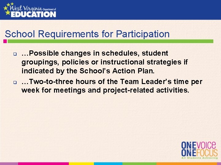  School Requirements for Participation q q …Possible changes in schedules, student groupings, policies