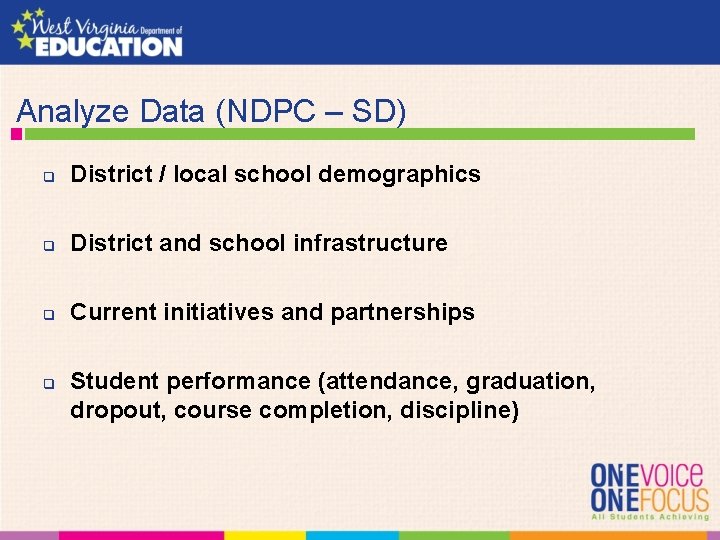  Analyze Data (NDPC – SD) q District / local school demographics q District