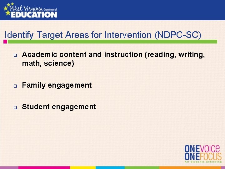  Identify Target Areas for Intervention (NDPC-SC) q Academic content and instruction (reading, writing,