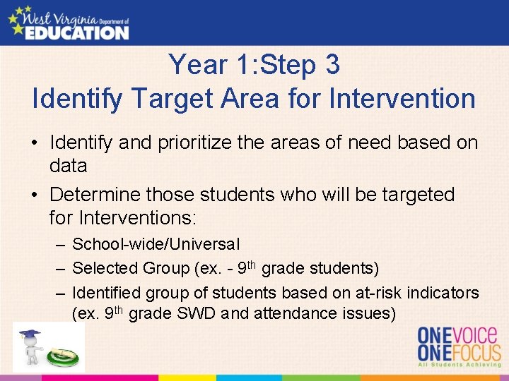 Year 1: Step 3 Identify Target Area for Intervention • Identify and prioritize the