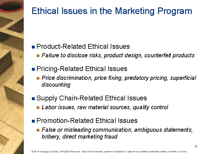 Ethical Issues in the Marketing Program n Product-Related n Failure to disclose risks, product