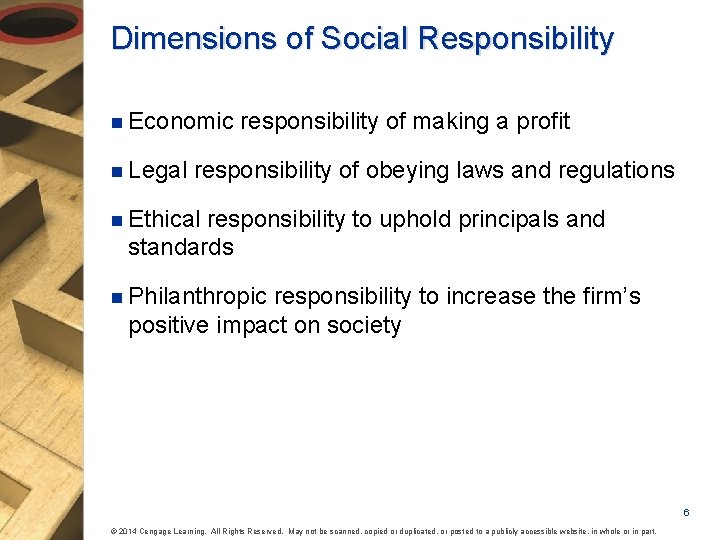 Dimensions of Social Responsibility n Economic n Legal responsibility of making a profit responsibility