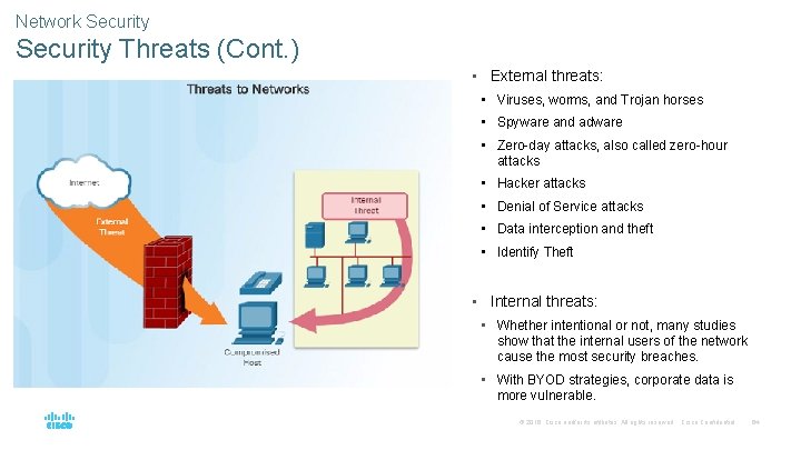 Network Security Threats (Cont. ) • External threats: • Viruses, worms, and Trojan horses