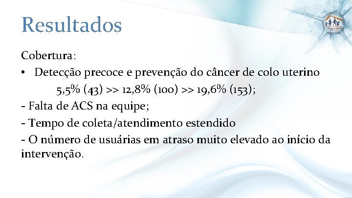 Resultados Cobertura: • Detecção precoce e prevenção do câncer de colo uterino 5, 5%