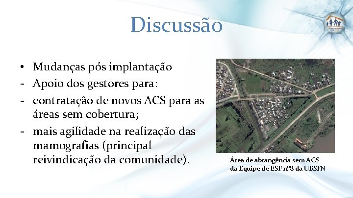 Discussão • Mudanças pós implantação - Apoio dos gestores para: - contratação de novos