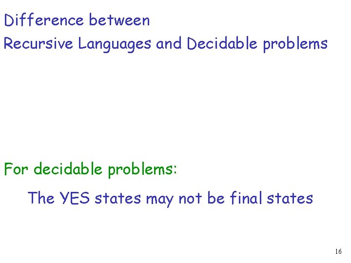 Difference between Recursive Languages and Decidable problems For decidable problems: The YES states may
