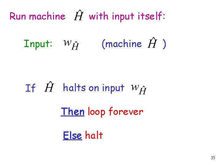 Run machine Input: If with input itself: (machine ) halts on input Then loop